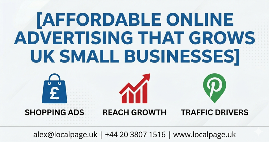 Affordable online advertising UK banner showing strategies for small businesses to grow visibility