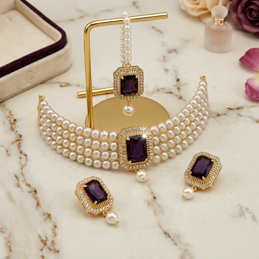 Purple Pearl Necklace Set – A Royal Touch of Elegance